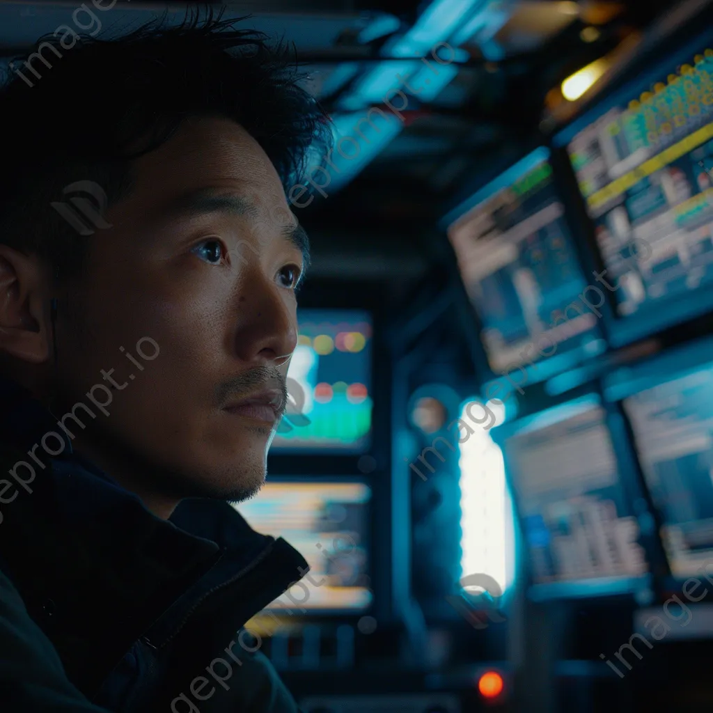 Technician monitoring cloud services on screens in a dim server room. - Image 2