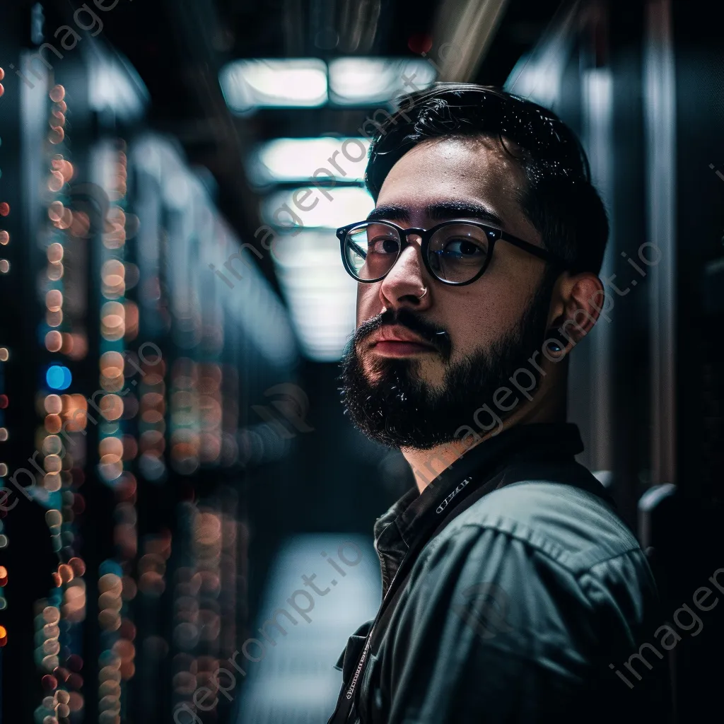 Technician monitoring cloud services on screens in a dim server room. - Image 4