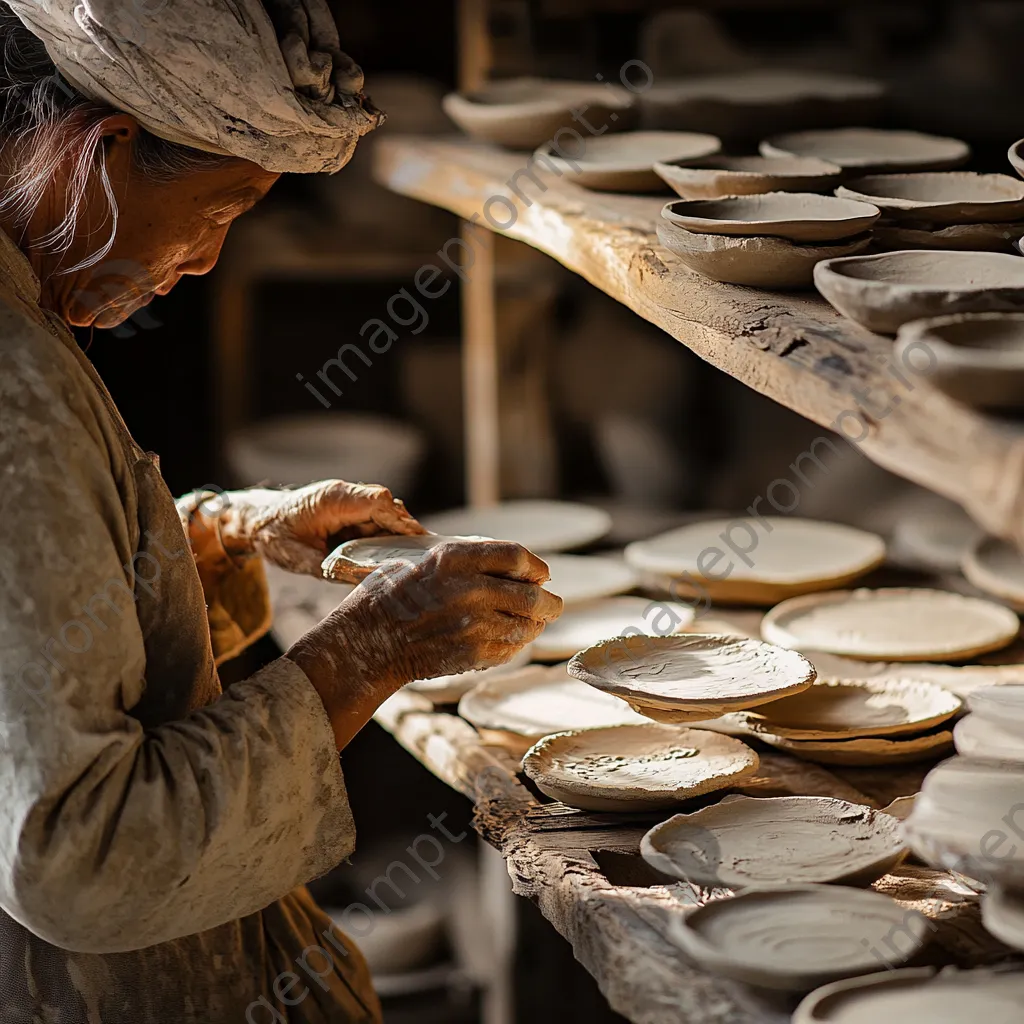 Artisan placing dried clay plates on a shelf - Image 1