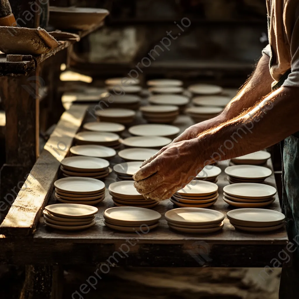 Artisan placing dried clay plates on a shelf - Image 2