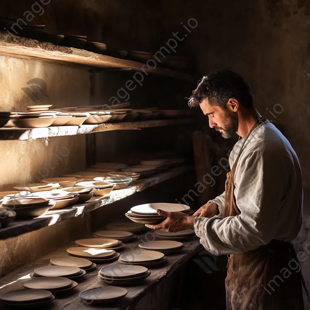 Artisan placing dried clay plates on a shelf - Image 3