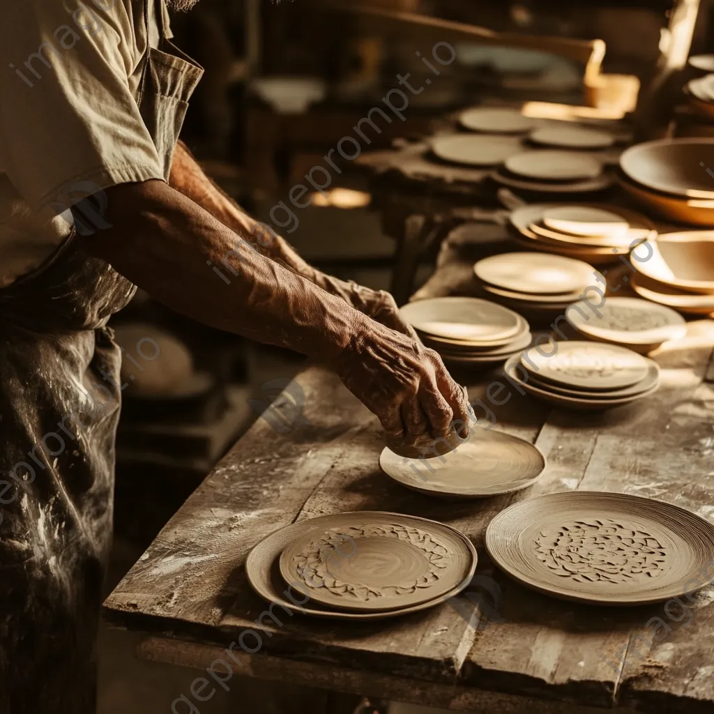 Artisan placing dried clay plates on a shelf - Image 4