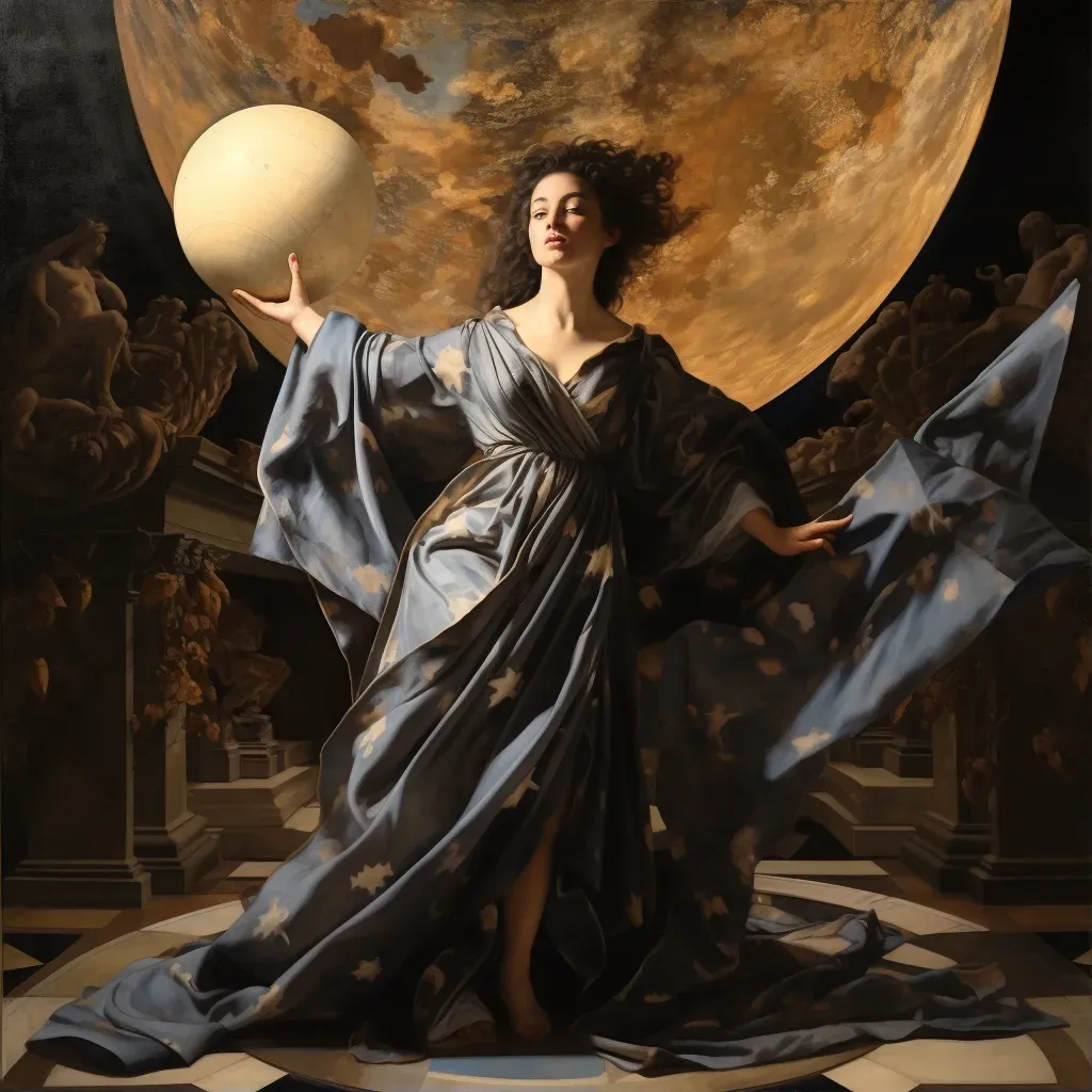 Woman in flowing robe standing in front of a celestial globe symbolizing astronomy and wisdom - Image 1