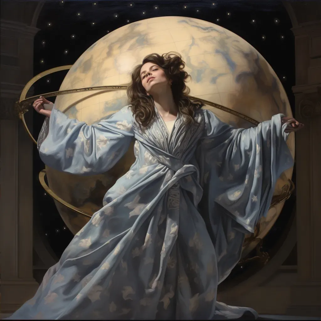 Woman in flowing robe standing in front of a celestial globe symbolizing astronomy and wisdom - Image 2