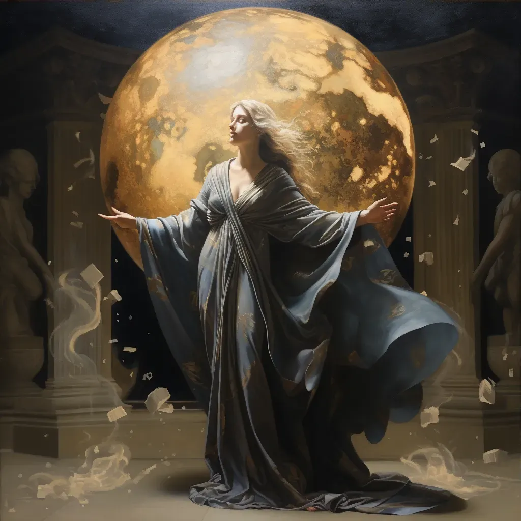 Woman in flowing robe standing in front of a celestial globe symbolizing astronomy and wisdom - Image 3