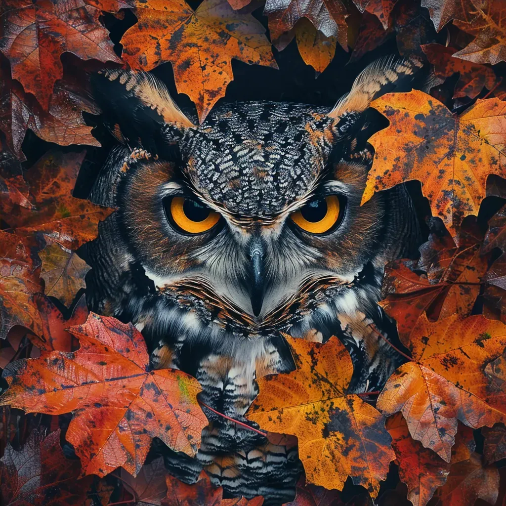 Camouflaged owl among autumn leaves in a forest - Image 4