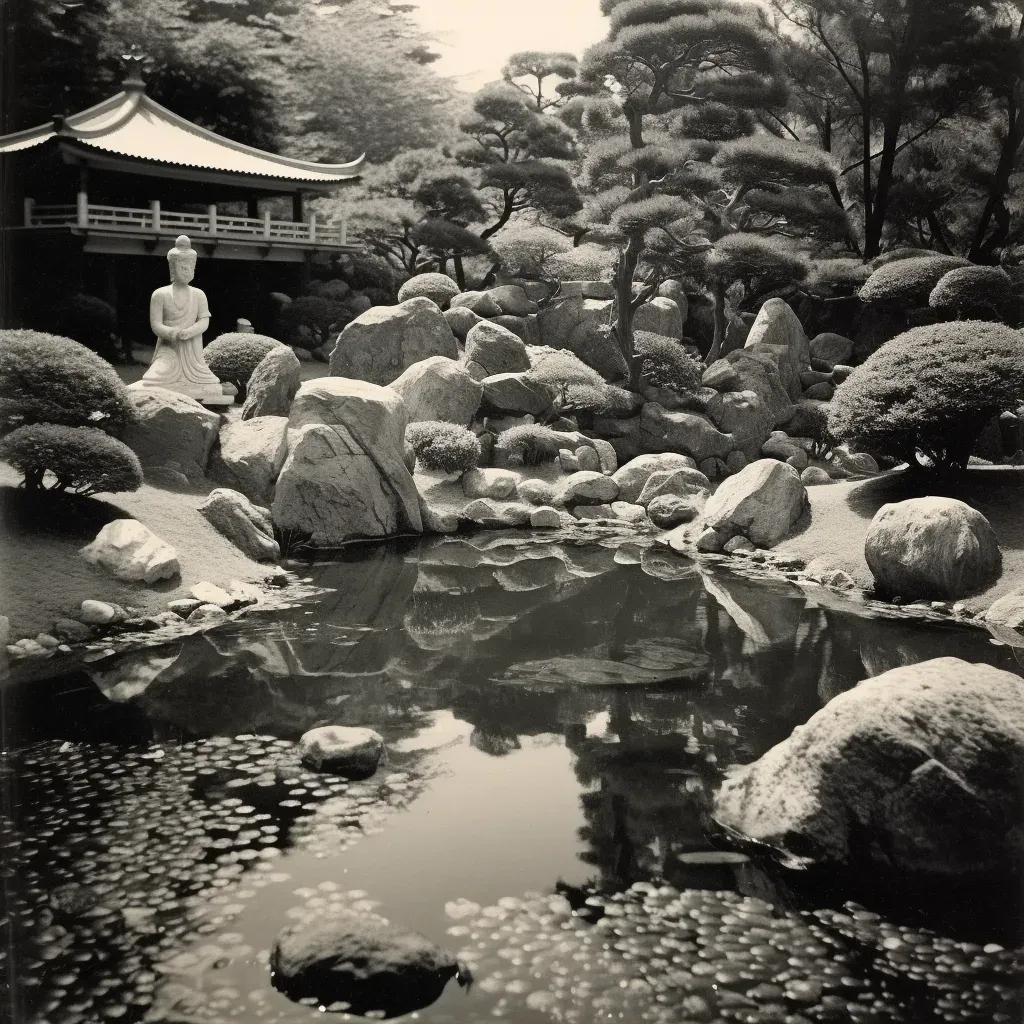 Rock garden with Buddha statue and koi pond - Image 2