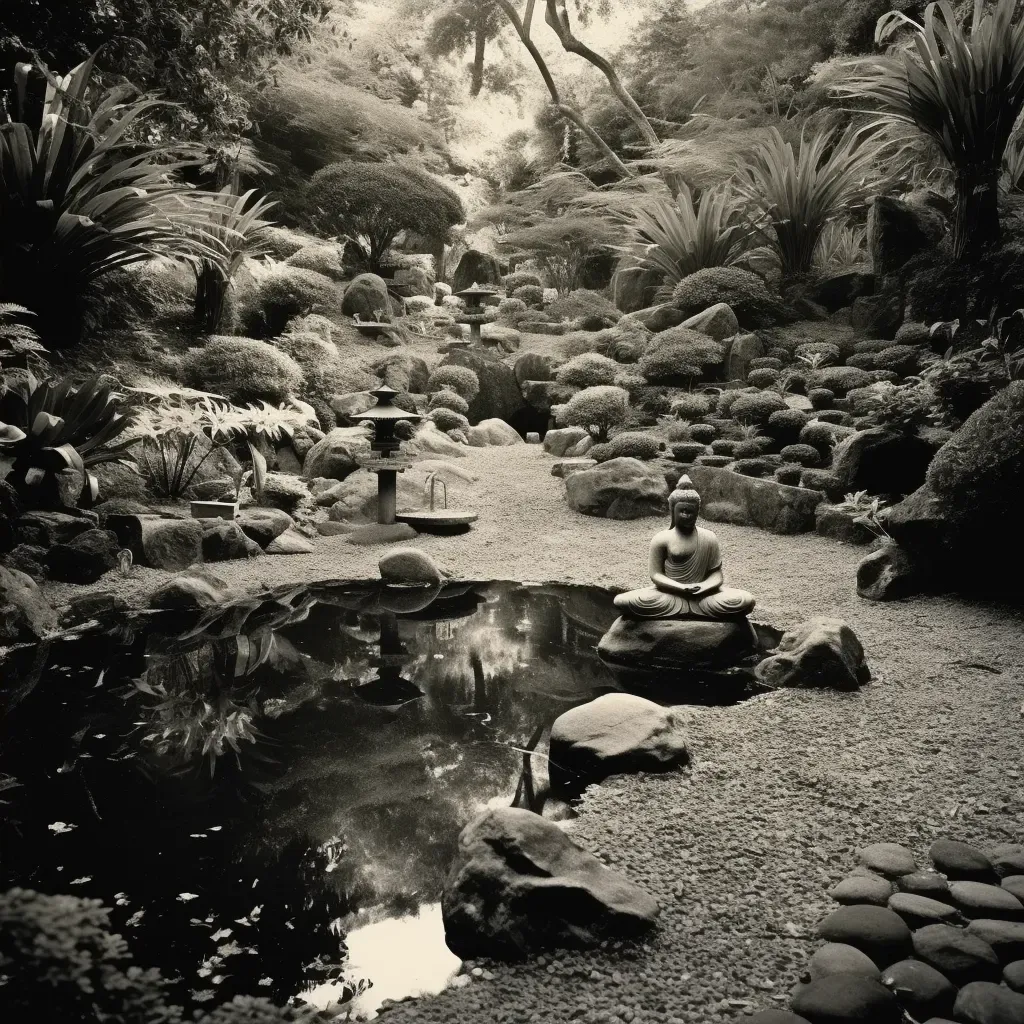 Rock garden with Buddha statue and koi pond - Image 4