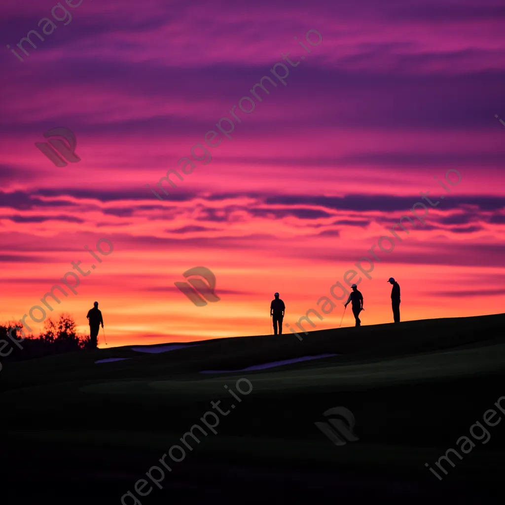 Silhouetted golfers against a vibrant sunset at a golf course - Image 1