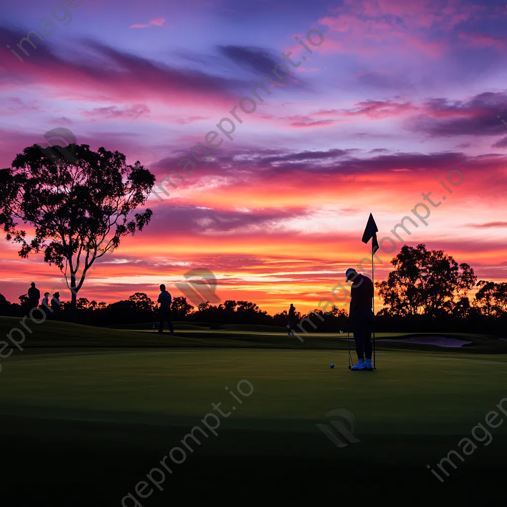 Silhouetted golfers against a vibrant sunset at a golf course - Image 2