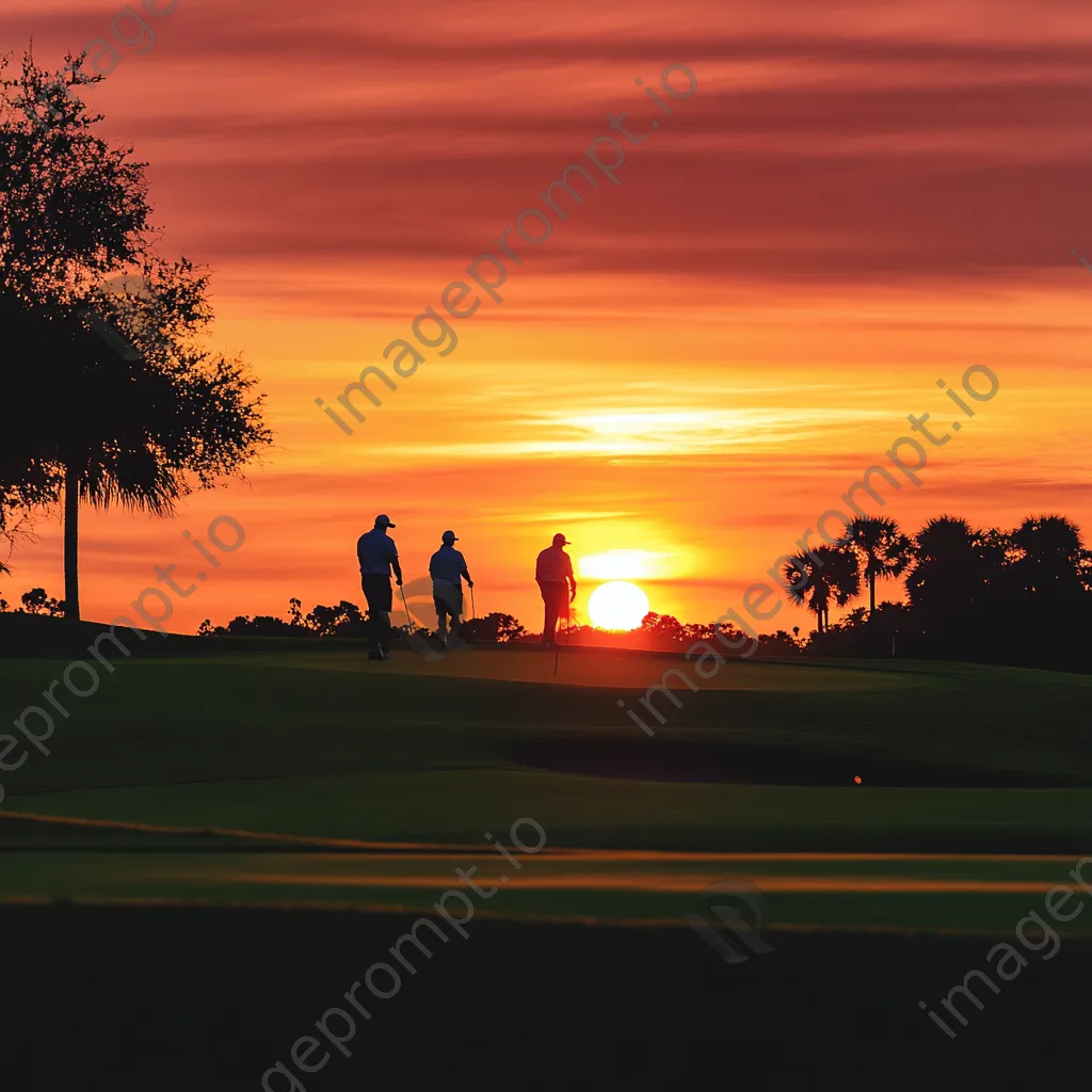 Silhouetted golfers against a vibrant sunset at a golf course - Image 3