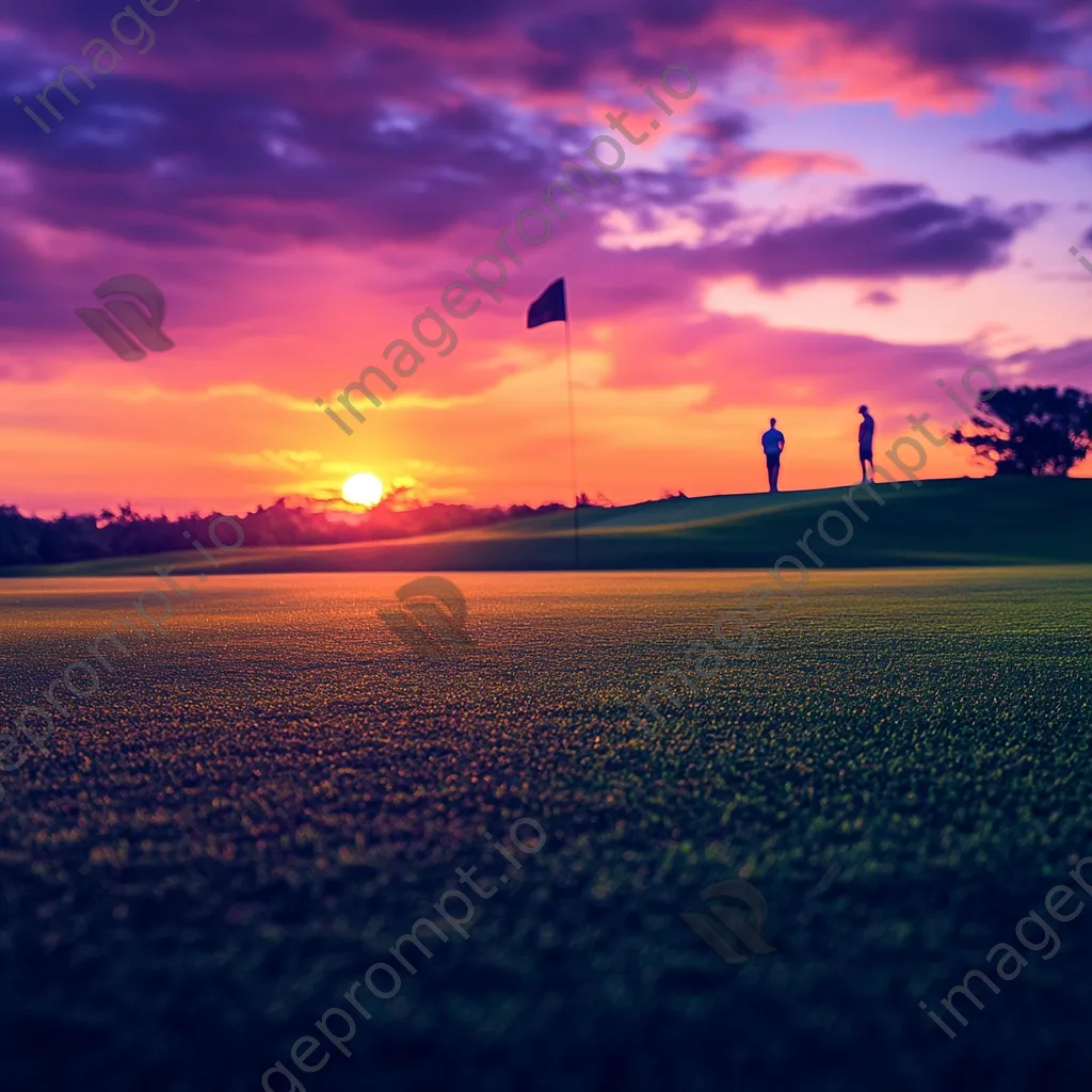 Silhouetted golfers against a vibrant sunset at a golf course - Image 4