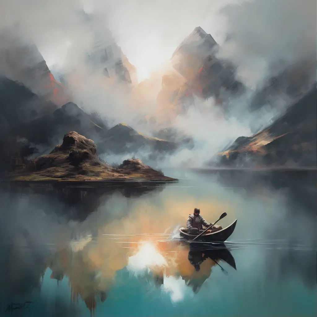 Mountain lake at dawn with mist and a lone canoe - Image 1