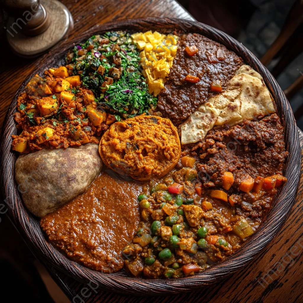 Plate of Ethiopian injera served with colorful stews - Image 2