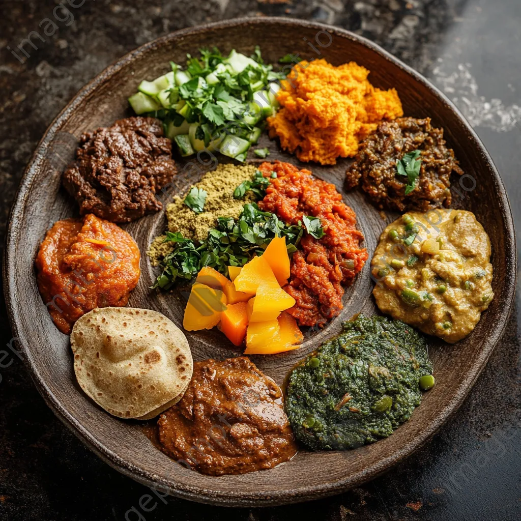 Plate of Ethiopian injera served with colorful stews - Image 3