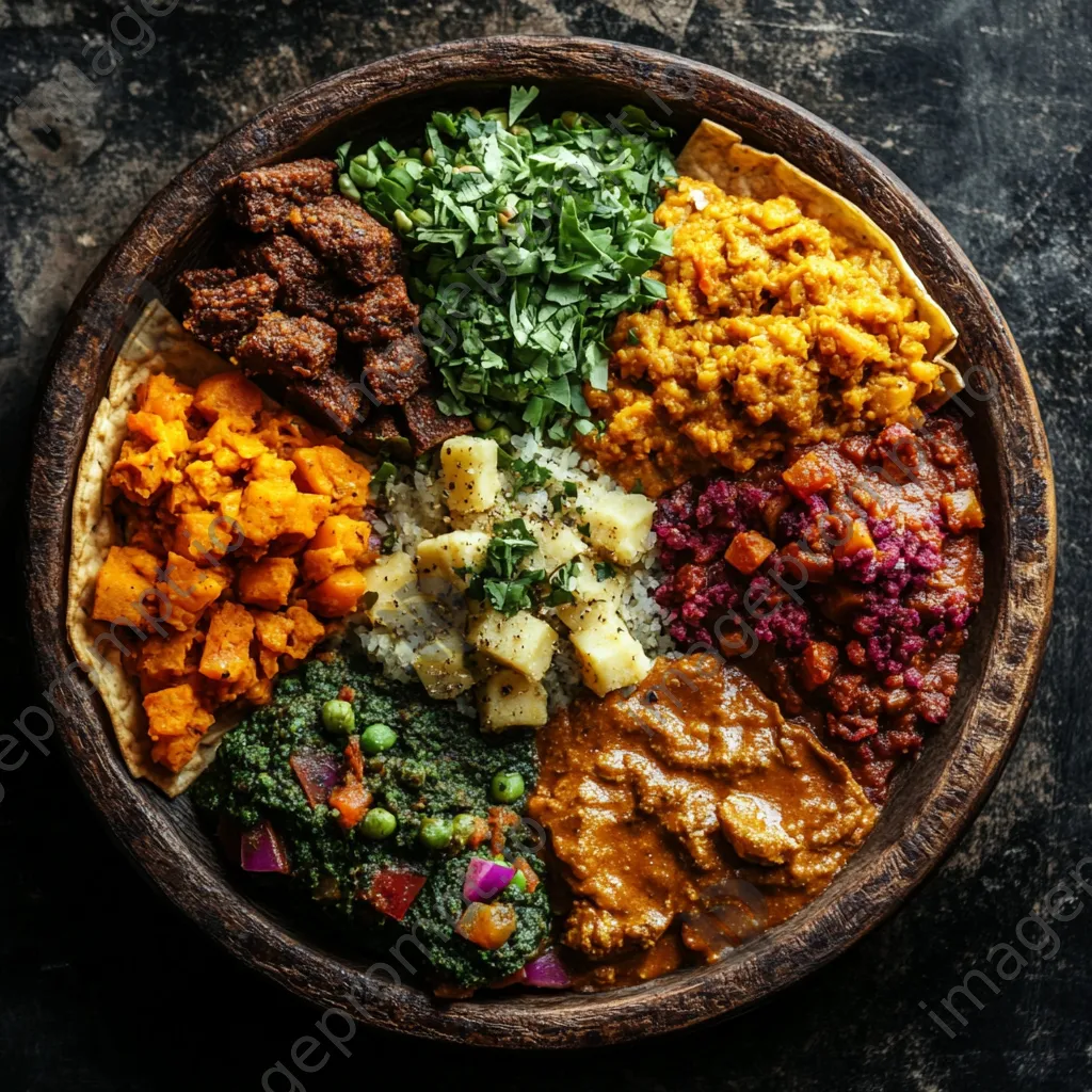 Plate of Ethiopian injera served with colorful stews - Image 4