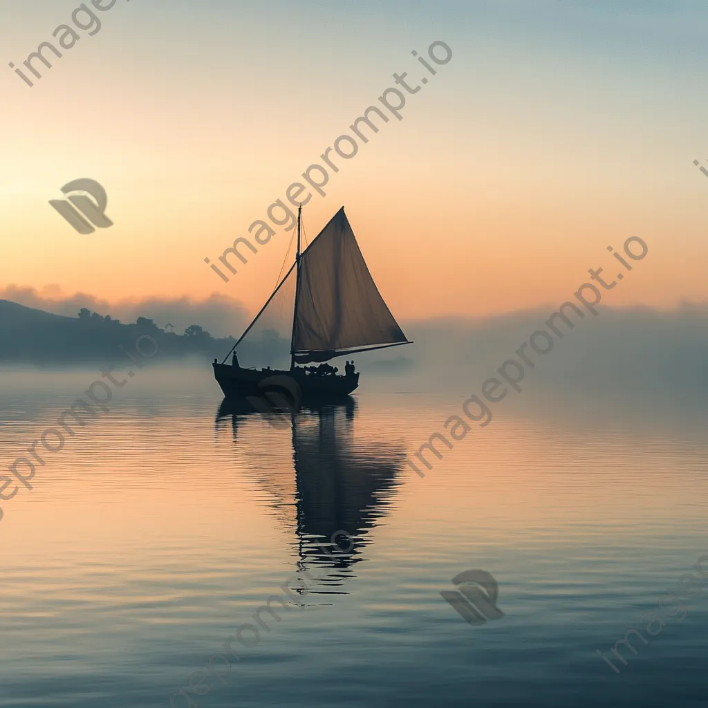 Traditional wooden boat sailing on calm waters in the morning mist - Image 1