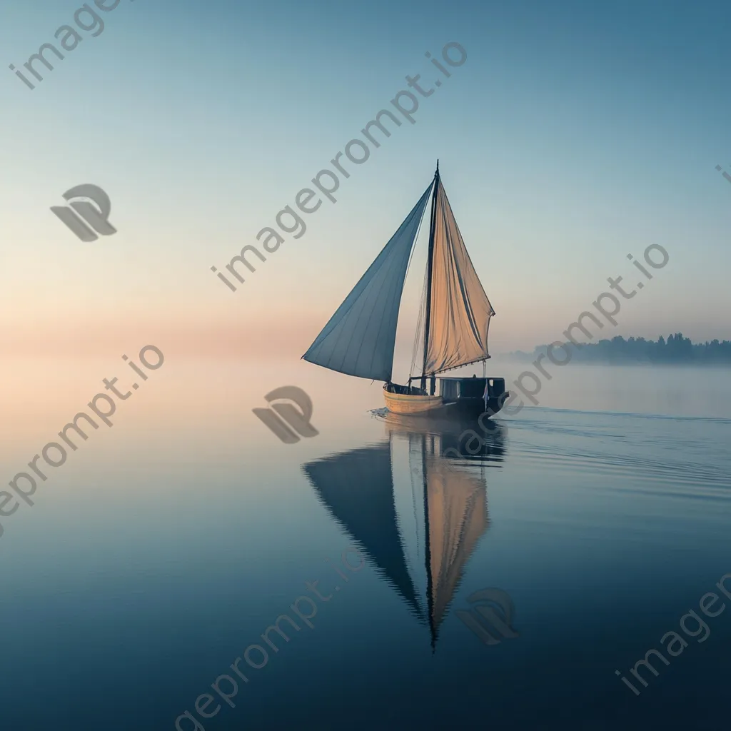 Traditional wooden boat sailing on calm waters in the morning mist - Image 2