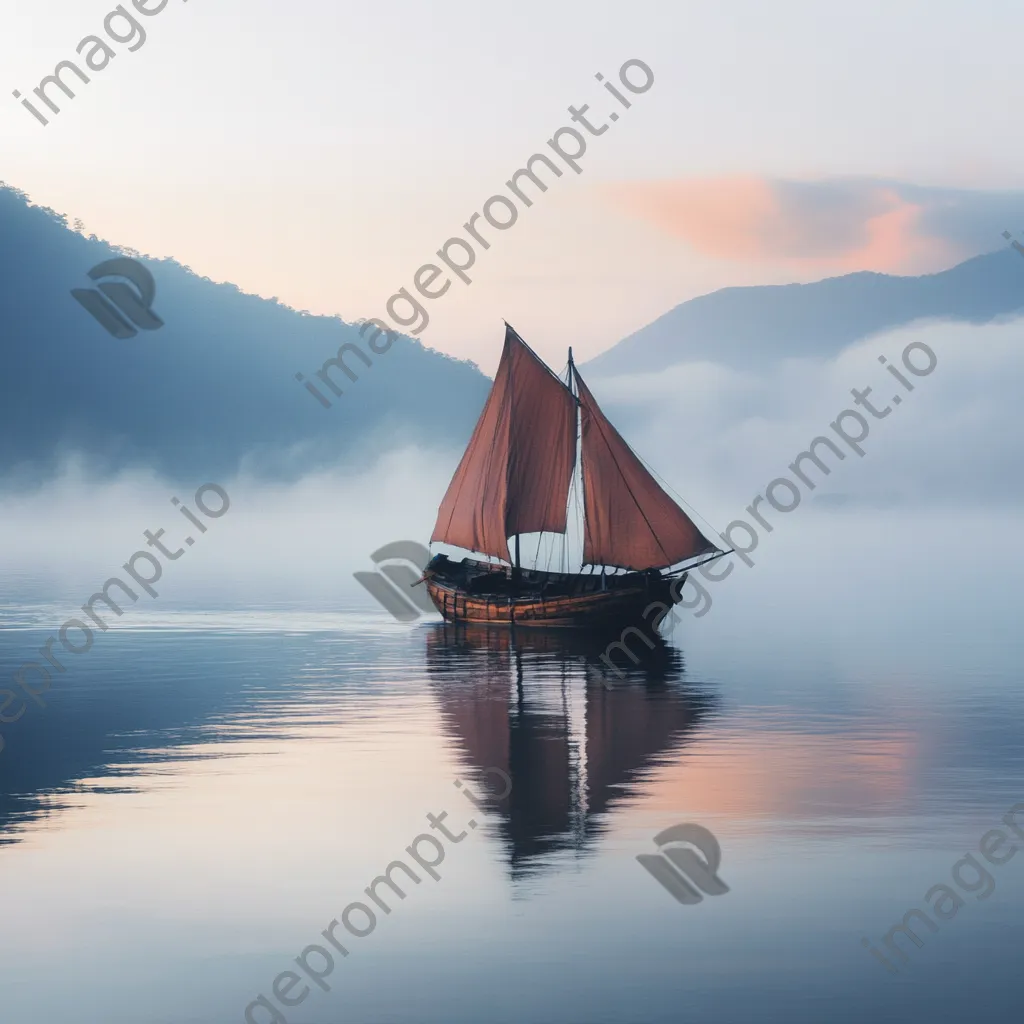 Traditional wooden boat sailing on calm waters in the morning mist - Image 3