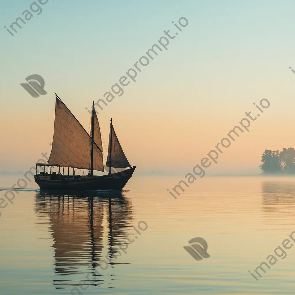 Traditional wooden boat sailing on calm waters in the morning mist - Image 4