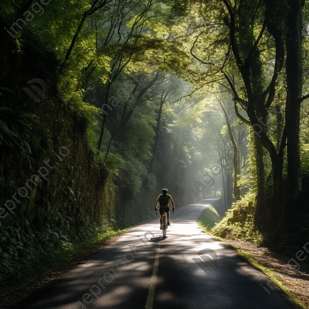 Cyclist riding a mountain trail in lush greenery with sunlight filtering through trees. - Image 1