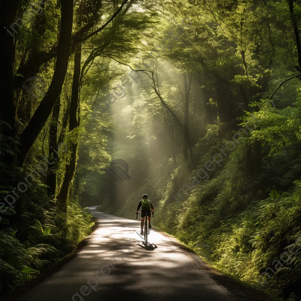 Cyclist riding a mountain trail in lush greenery with sunlight filtering through trees. - Image 2