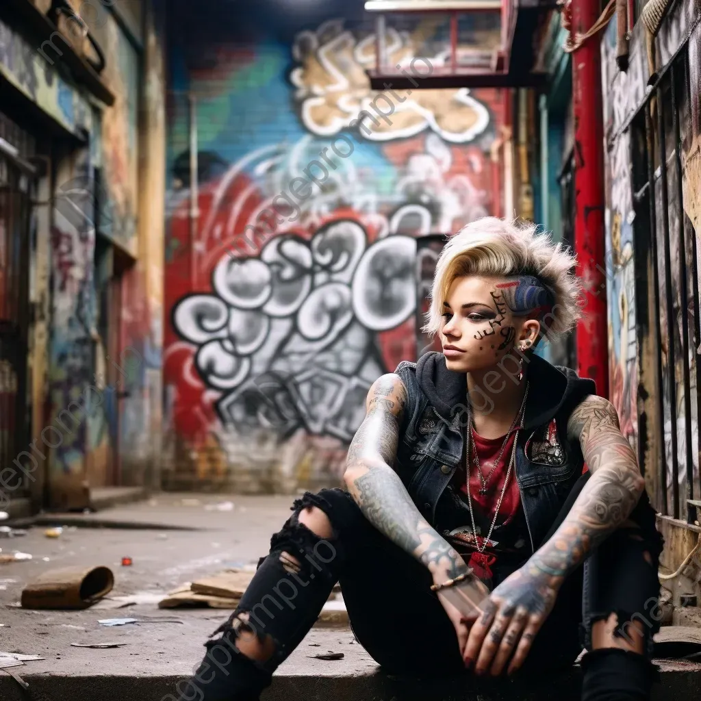 Street punk with abstract tattoos against a graffiti-covered urban backdrop - Image 1