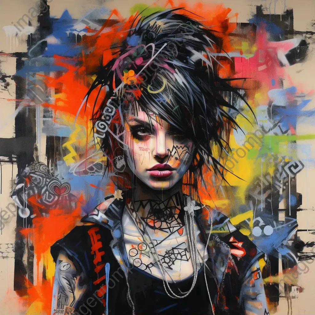 Street punk with abstract tattoos against a graffiti-covered urban backdrop - Image 2