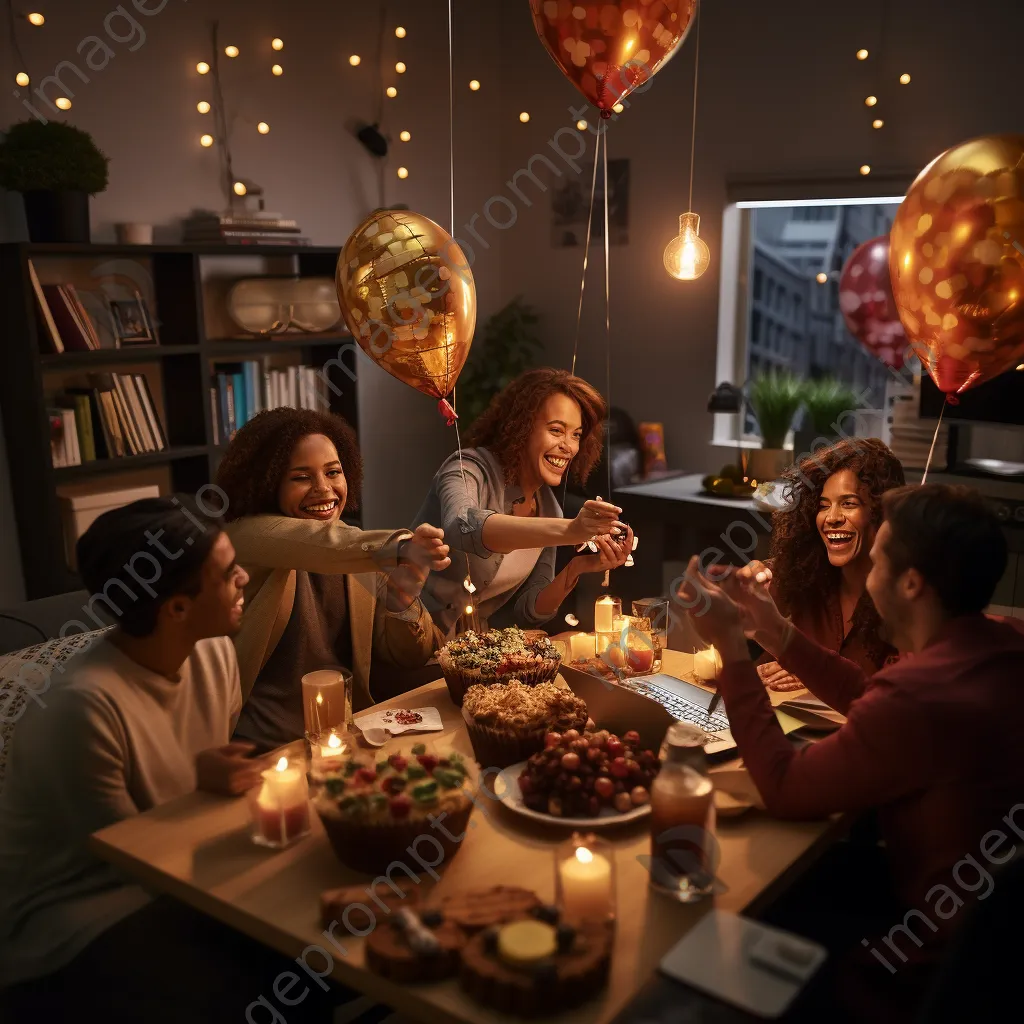 Team celebrating success in a cozy workspace with snacks and decorations - Image 2