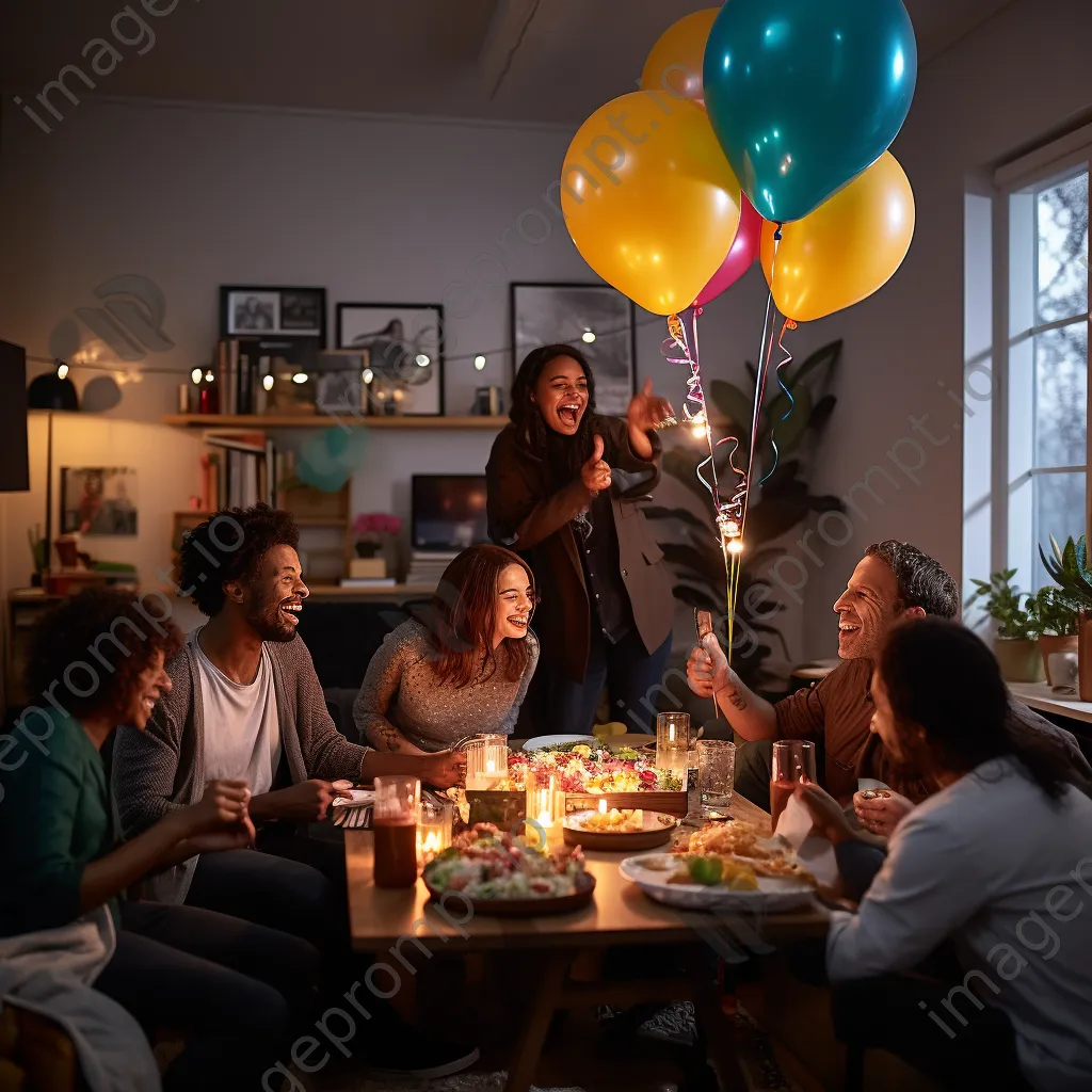 Team celebrating success in a cozy workspace with snacks and decorations - Image 3