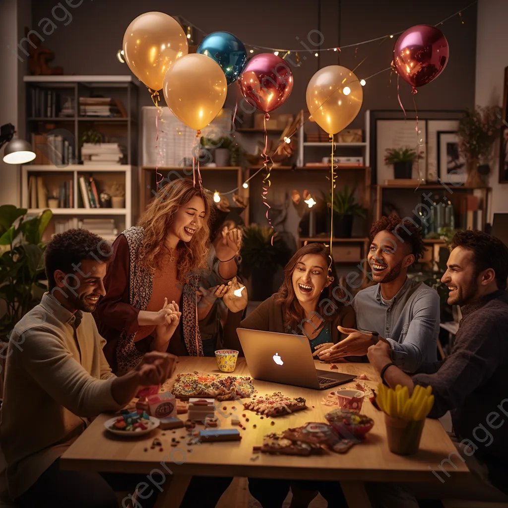 Team celebrating success in a cozy workspace with snacks and decorations - Image 4