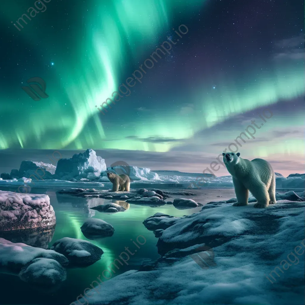 Northern lights above icy expanse with polar bears - Image 1