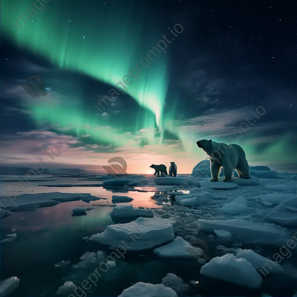 Northern lights above icy expanse with polar bears - Image 2