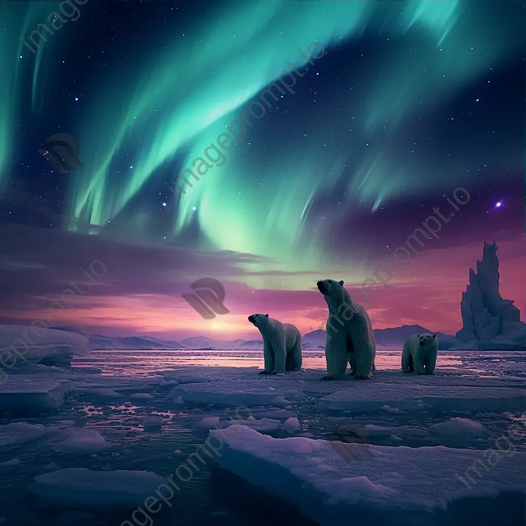 Northern lights above icy expanse with polar bears - Image 3