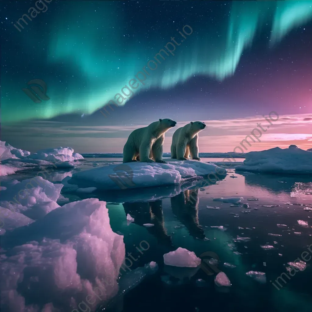 Northern lights above icy expanse with polar bears - Image 4