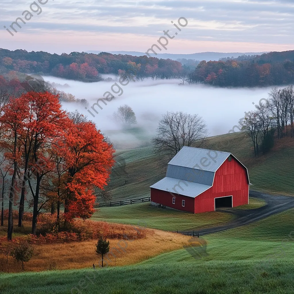 A misty farm landscape with a red barn - Image 1