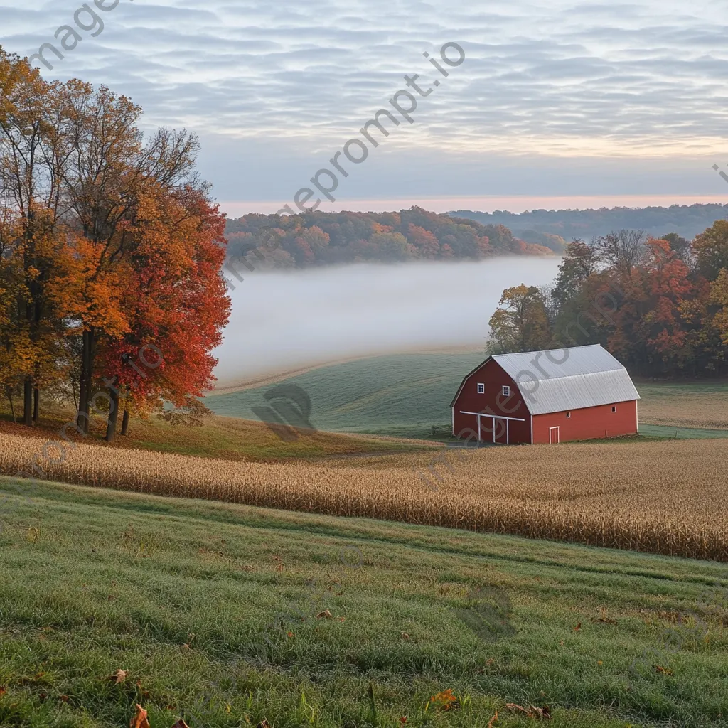 A misty farm landscape with a red barn - Image 2