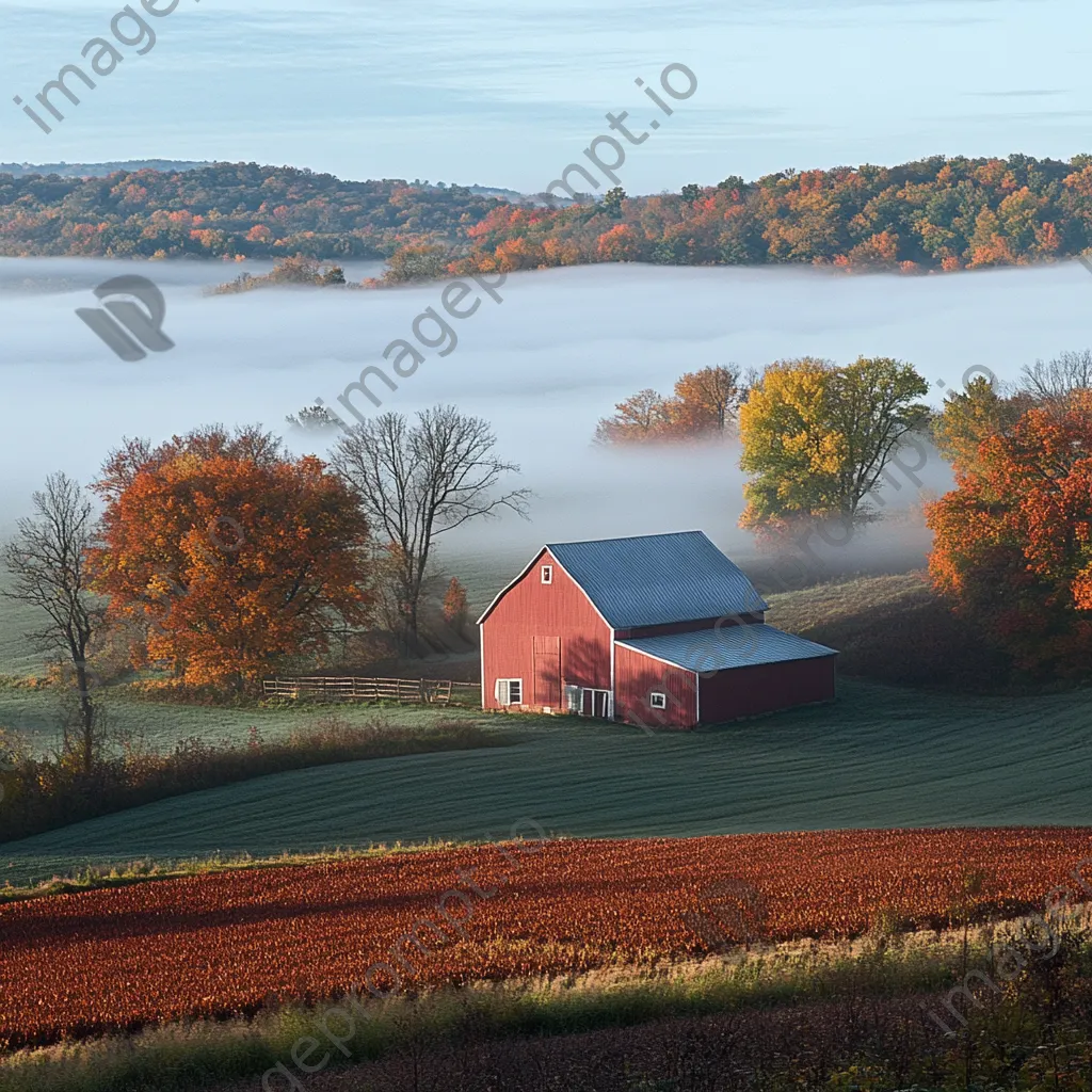 A misty farm landscape with a red barn - Image 4