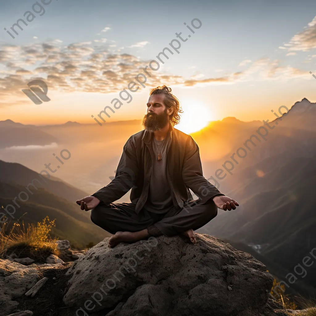 Male yogi practicing yoga on a mountain peak. - Image 1