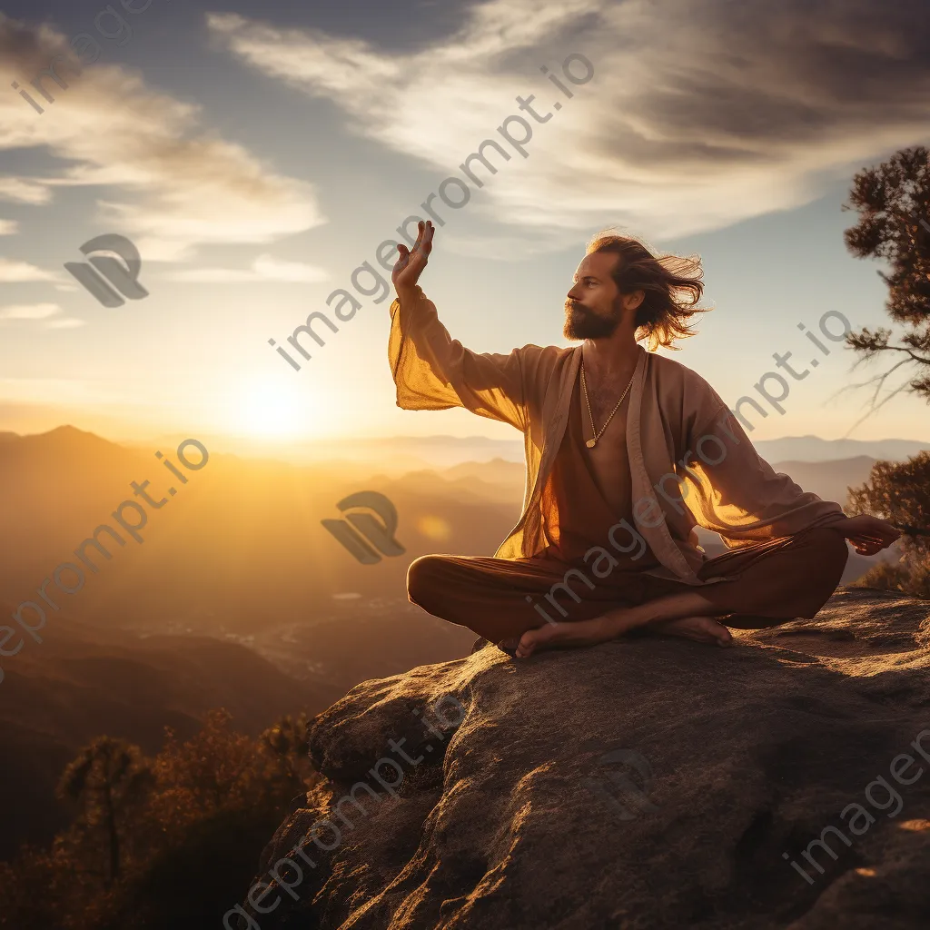 Male yogi practicing yoga on a mountain peak. - Image 2