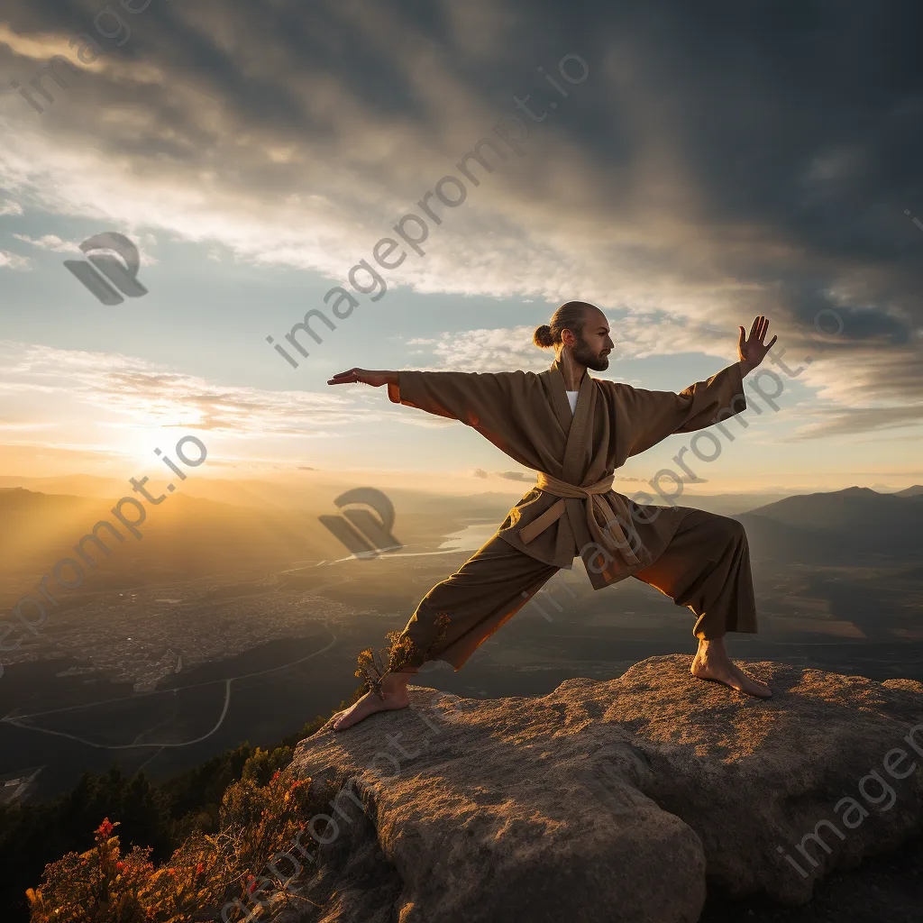 Male yogi practicing yoga on a mountain peak. - Image 3