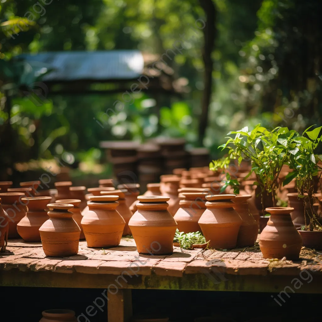 Collection of clay pots drying in a sunny garden - Image 1