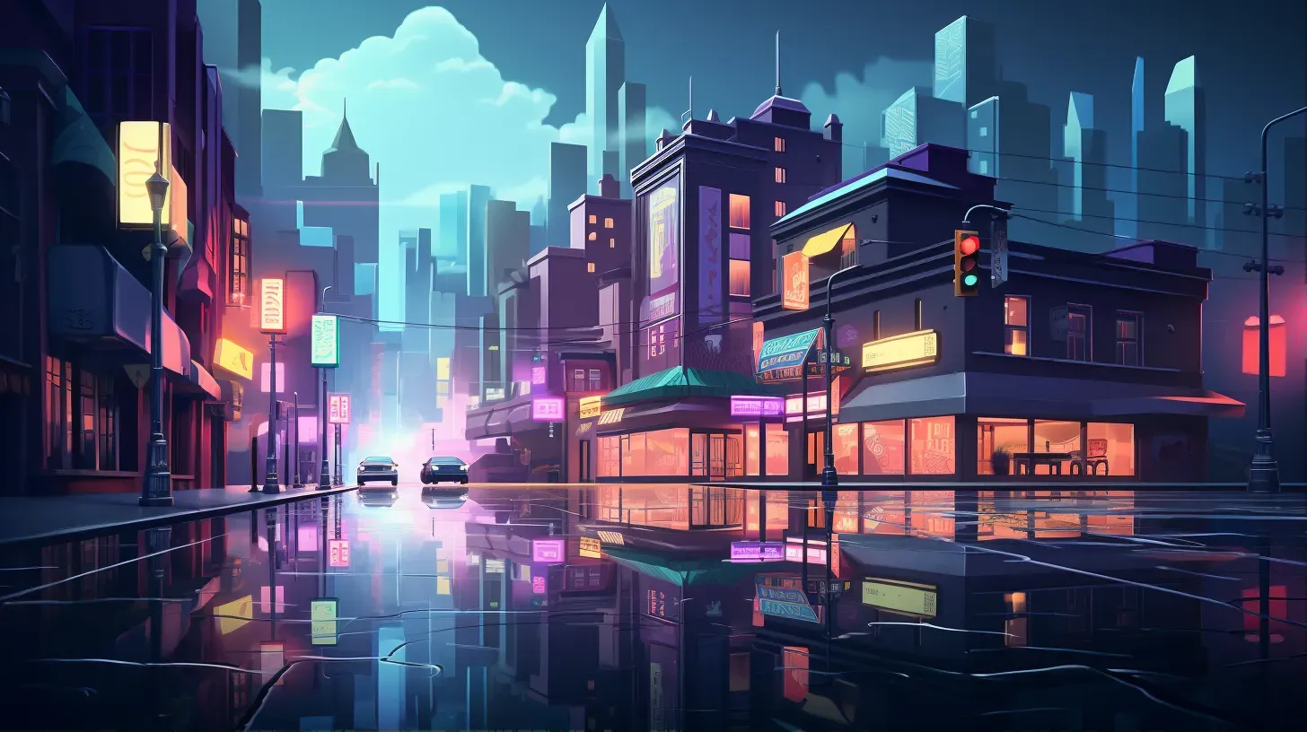 Isometric view of a monochromatic low poly urban scene with neon reflections on rainy streets - Image 1