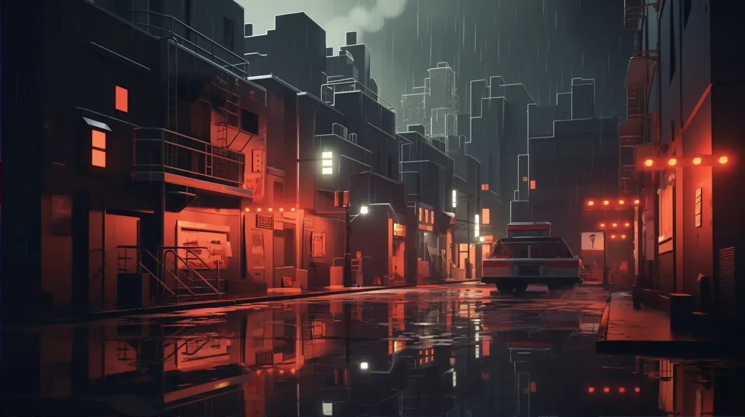 Isometric view of a monochromatic low poly urban scene with neon reflections on rainy streets - Image 2