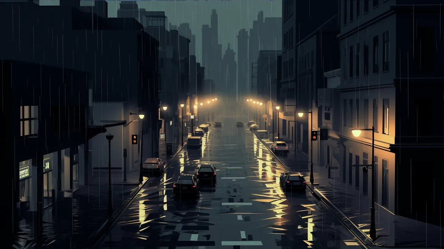 Isometric view of a monochromatic low poly urban scene with neon reflections on rainy streets - Image 3