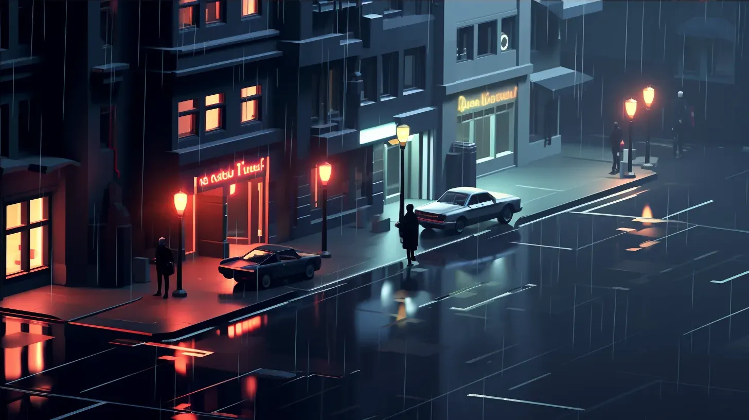 Isometric view of a monochromatic low poly urban scene with neon reflections on rainy streets - Image 4