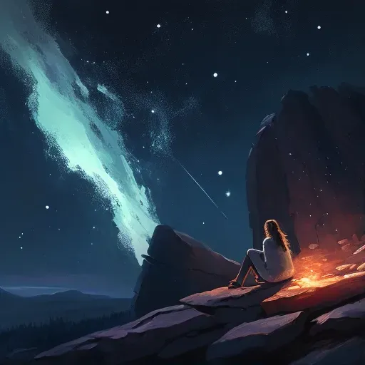 Woman on rock looking at glowing comet in night sky - Image 1