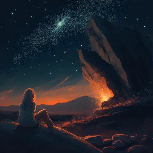 Woman on rock looking at glowing comet in night sky - Image 3