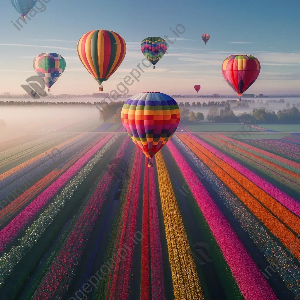 Hot air balloons above colorful tulip fields in full bloom - Image 1