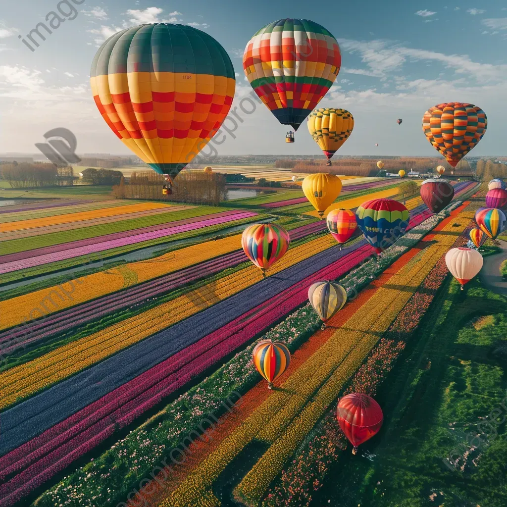 Hot air balloons above colorful tulip fields in full bloom - Image 2